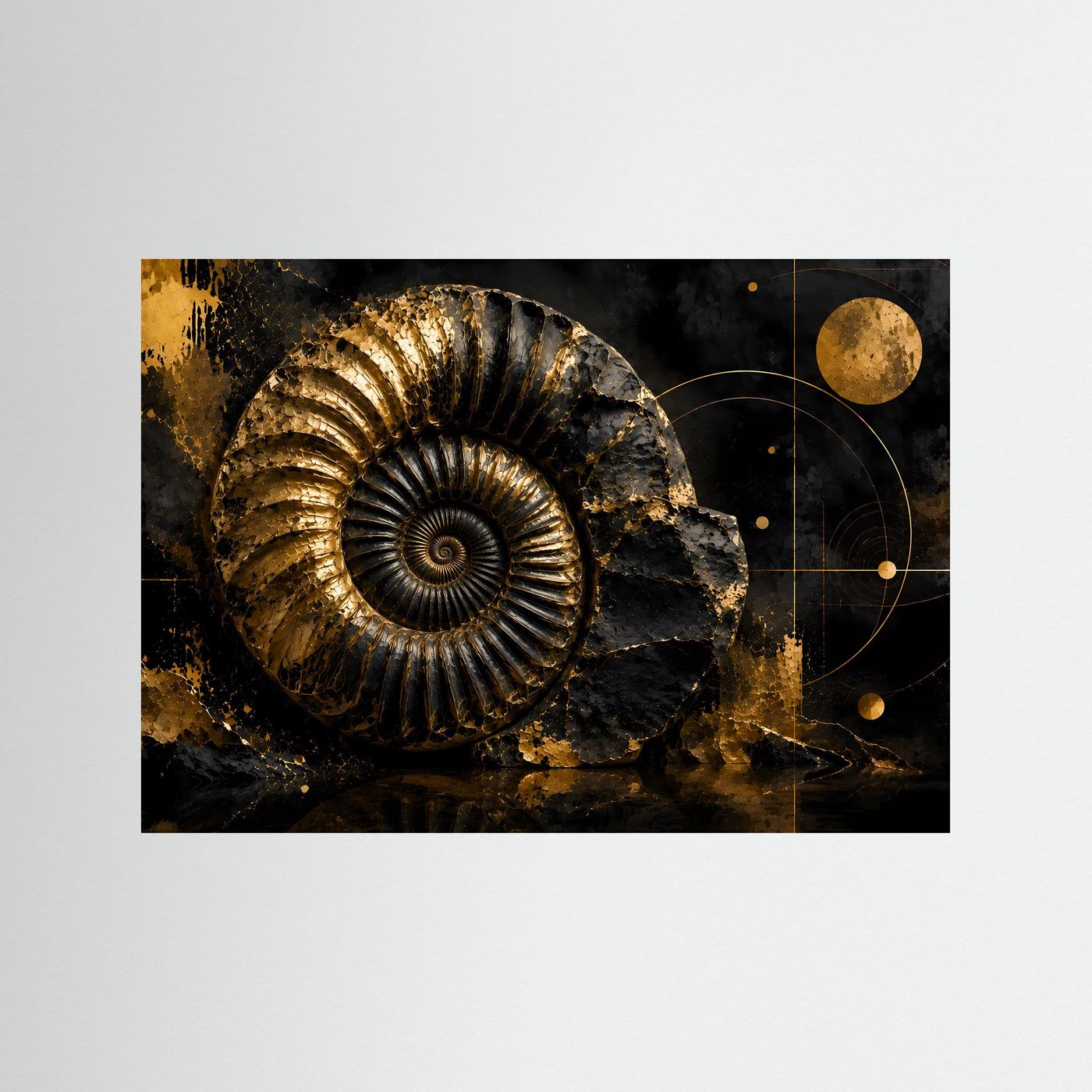 Querformat-Poster mit goldenem Ammonit auf dunklem Hintergrund, Kreislinien und goldenen Punkten