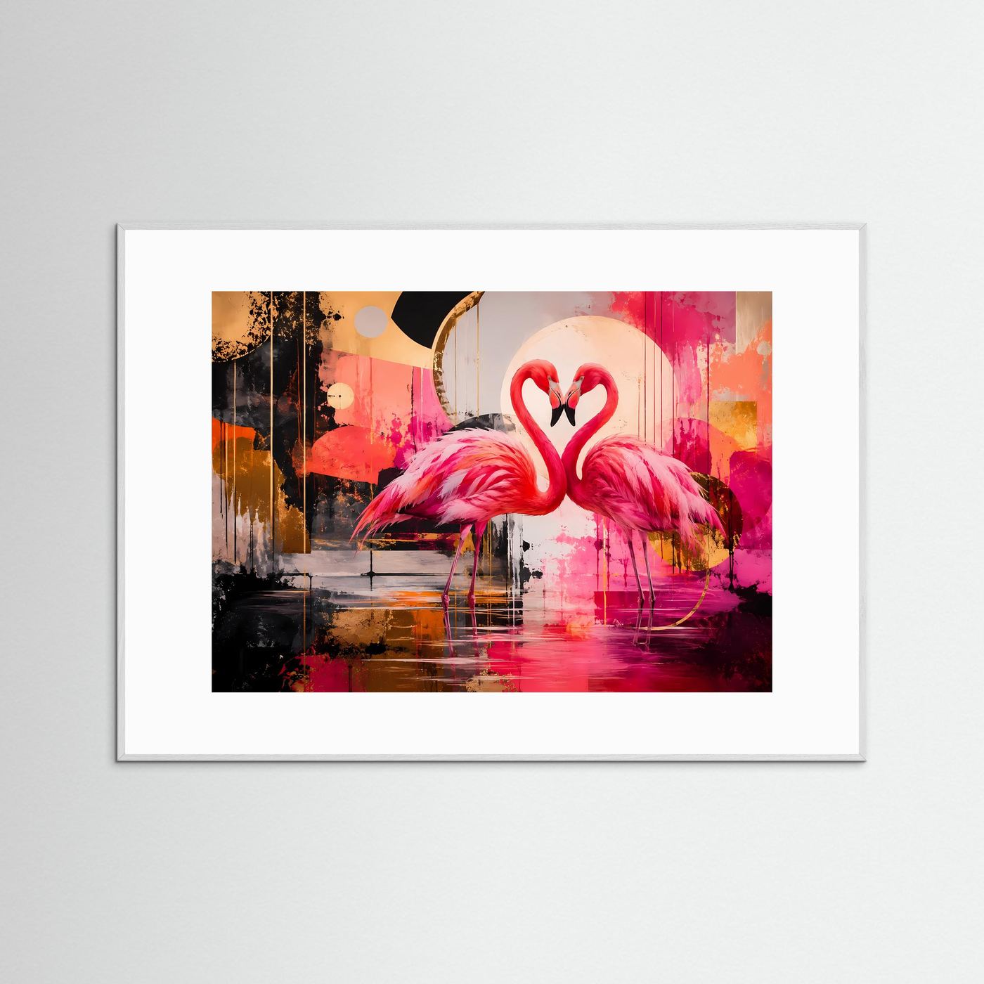 Flamingo-Liebe in Pink & Gold | Modernes Wandbild & Kunstdruck Querformat