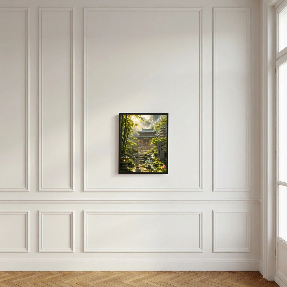 Wandposter im Hochformat mit schwarzem Rahmen: Tempel im Bambuswald, sonniger Pfad