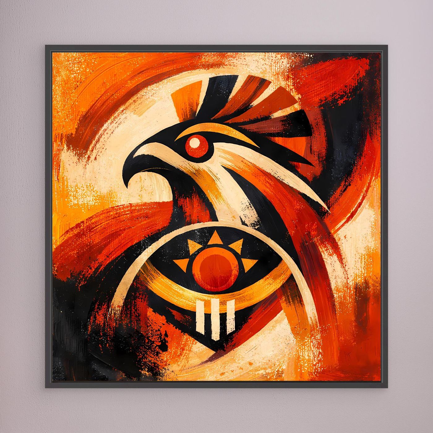 Wandbild mit abstraktem Falken- und Adler-Sonnensymbol, dunkel gerahmt, kontrastreich