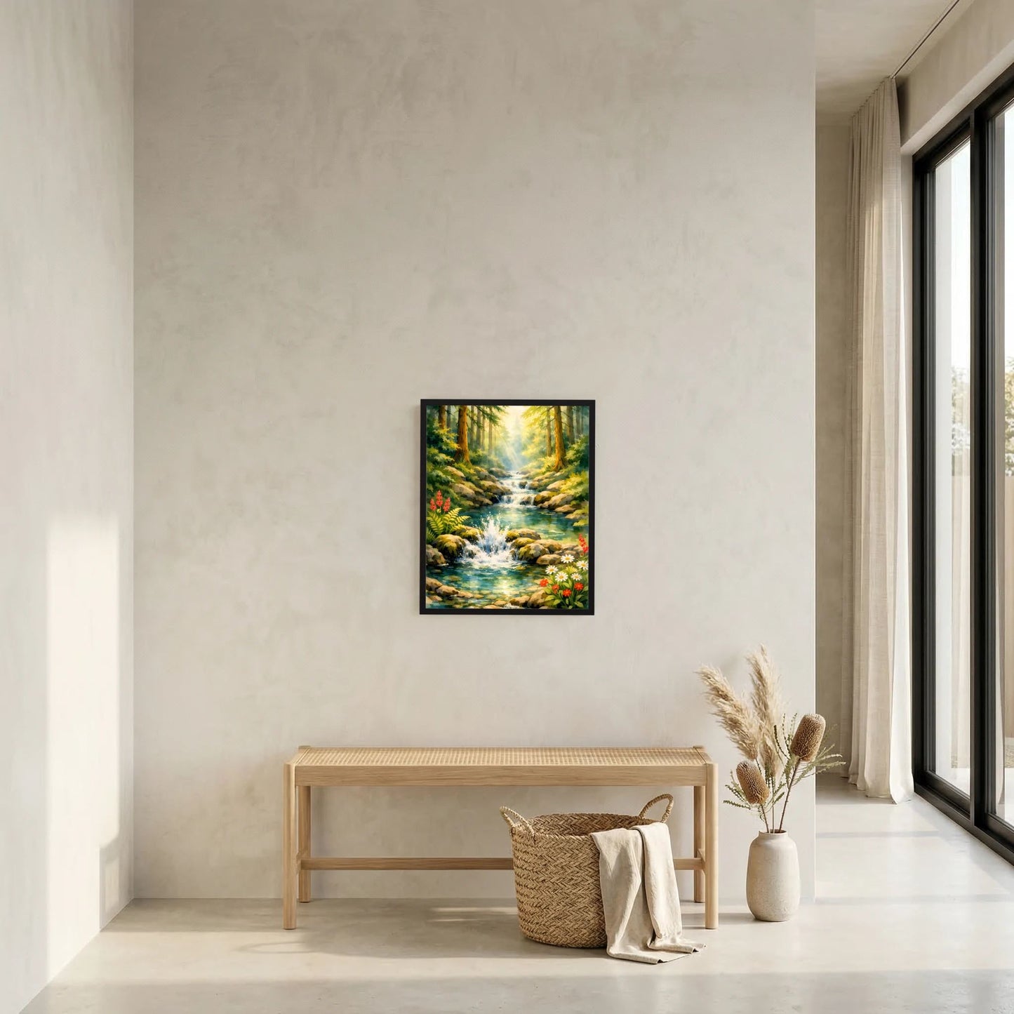 Gerahmtes Hochformat-Poster mit Waldwasserlauf, Wasserfall und Blumen
