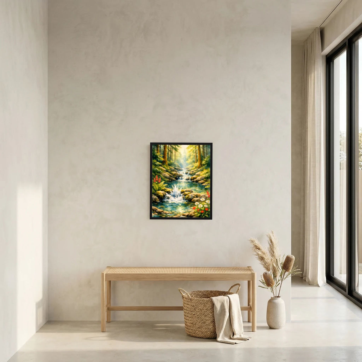 Gerahmtes Hochformat-Poster mit Waldwasserlauf, Wasserfall und Blumen