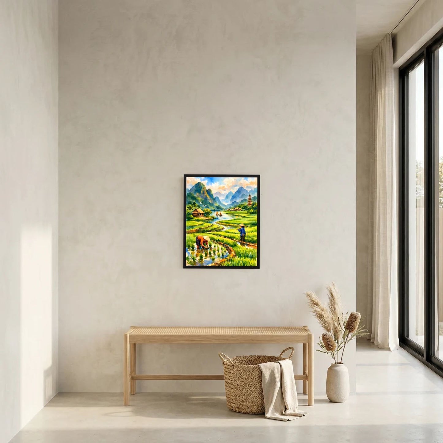 Gerahmtes Hochformat-Wandposter mit Reisfeldern, Fluss und Pagode