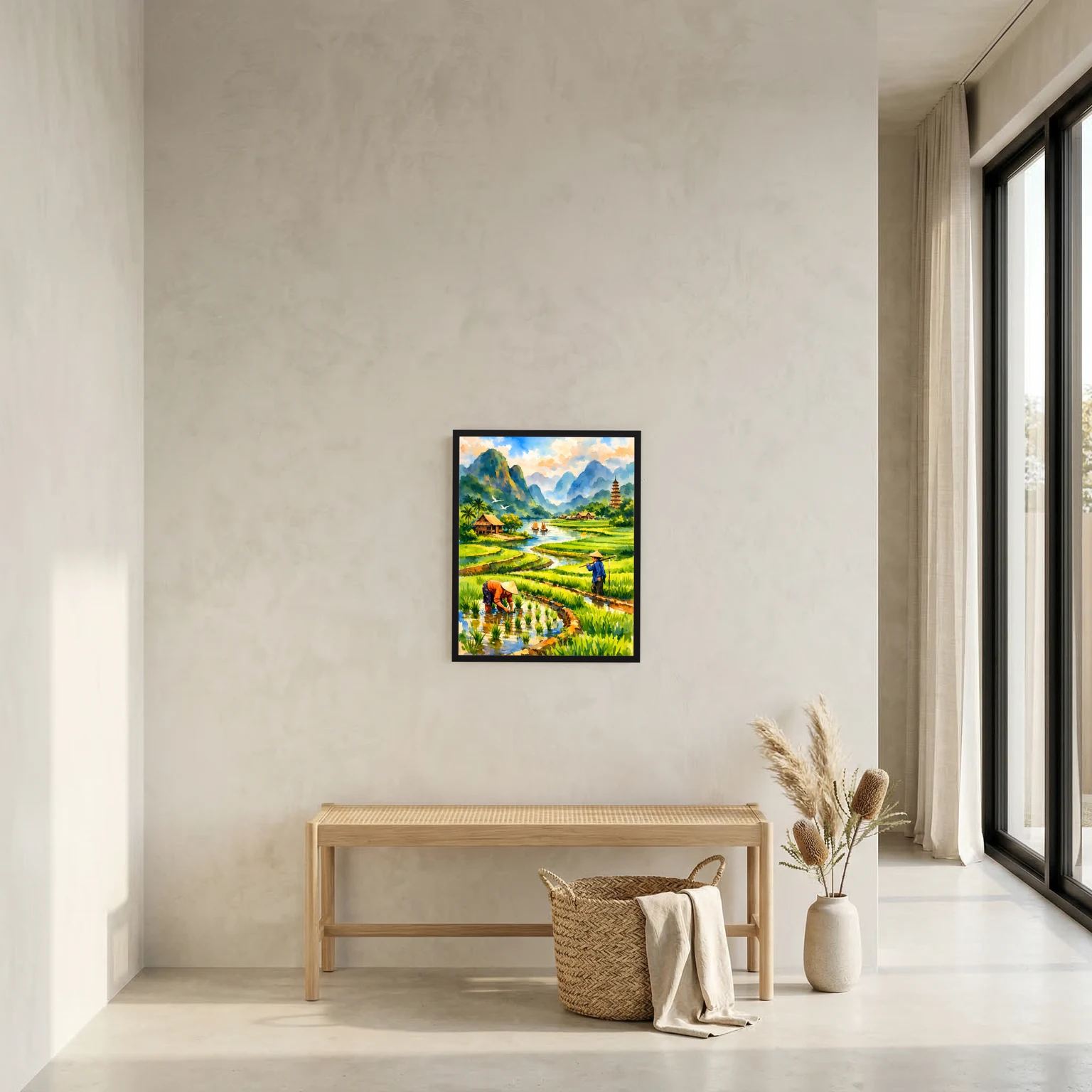 Gerahmtes Hochformat-Wandposter mit Reisfeldern, Fluss und Pagode