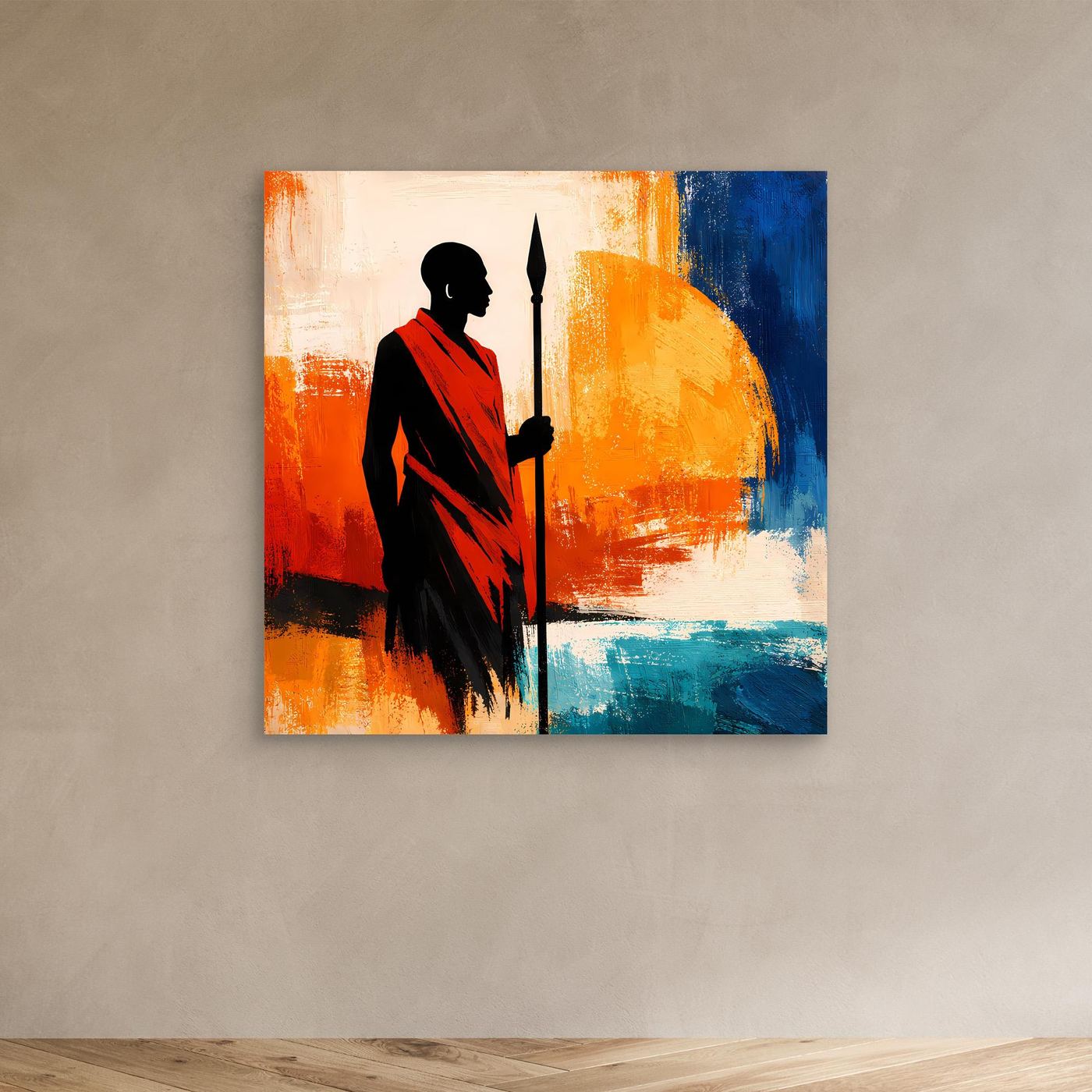 Leinwand Afrikanischer Krieger bei Sonnenuntergang | Modernes Ethno Silhouette Wandbild