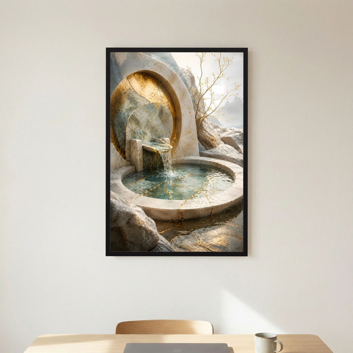 Hochformat-Poster mit Rundbrunnen in Stein, goldene Bogenöffnung und sprudelndes Wasser