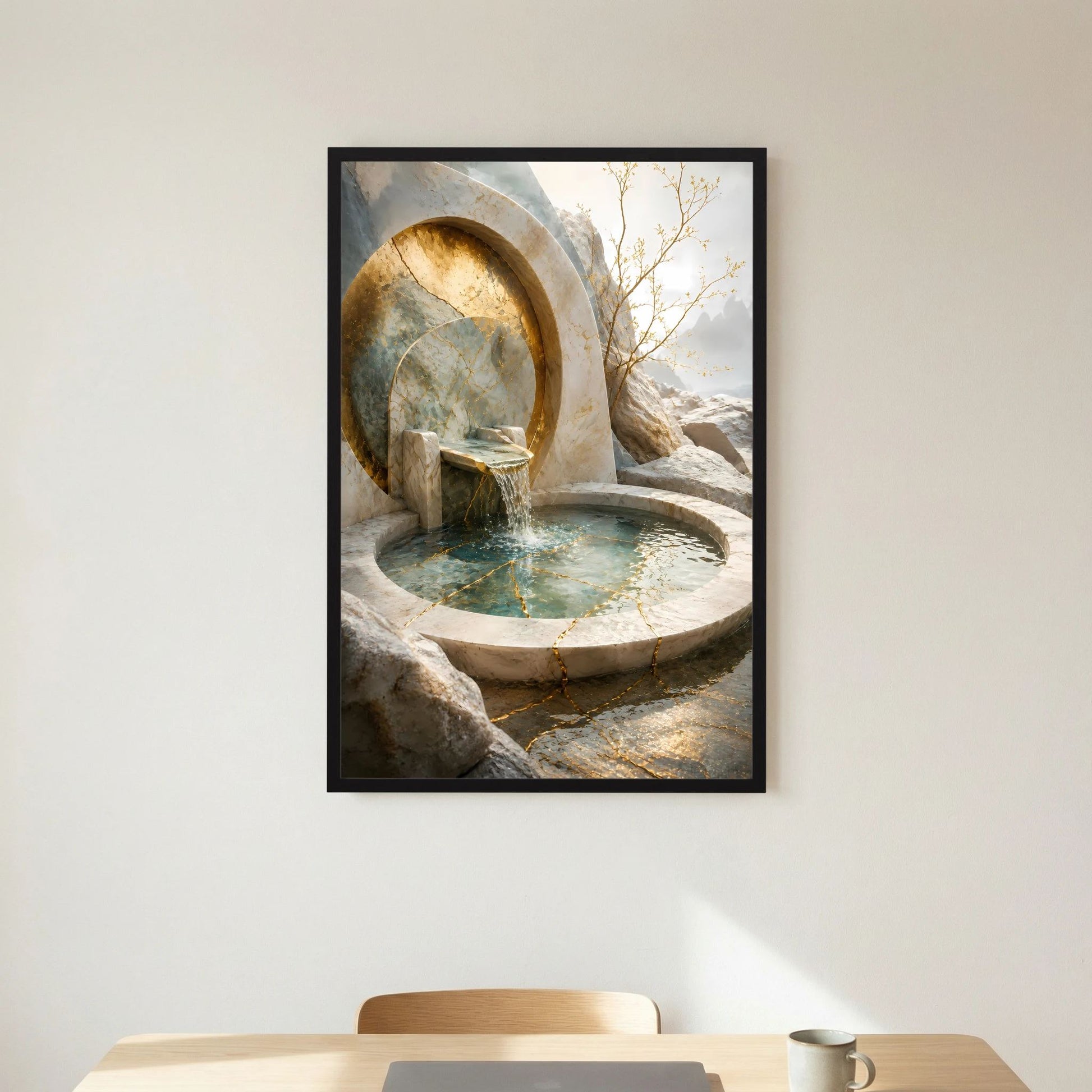 Hochformat-Poster mit Rundbrunnen in Stein, goldene Bogenöffnung und sprudelndes Wasser