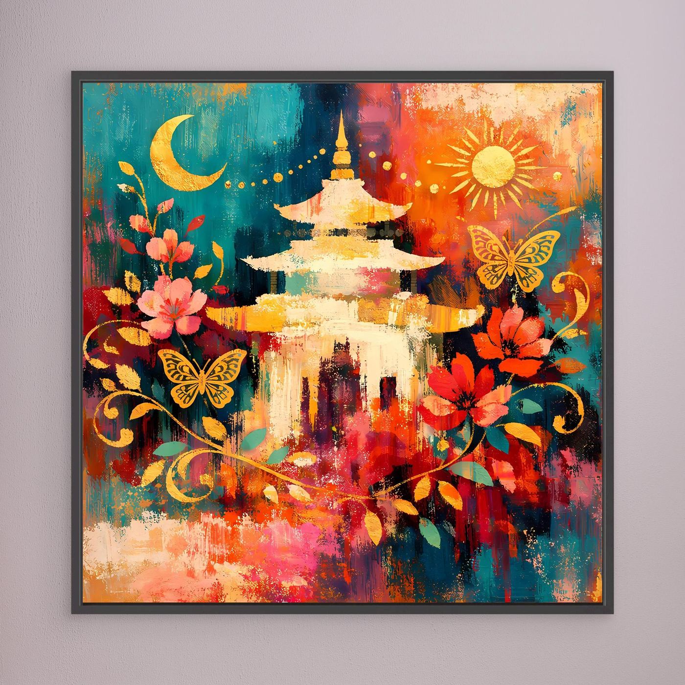Wandbild im schwarzen Rahmen mit goldener Pagode, Mond, Sonne und Schmetterlingen
