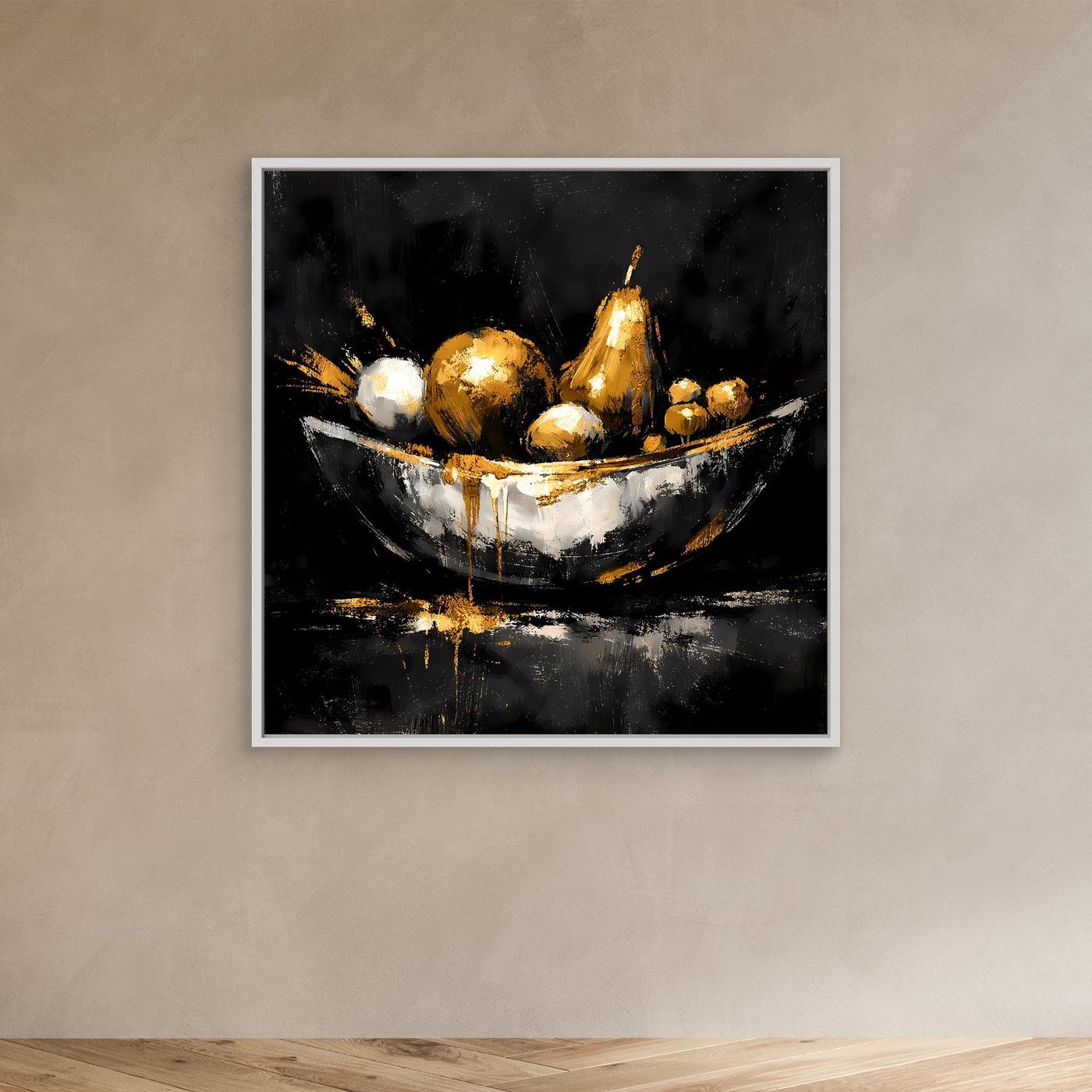 Leinwand Elegante Obstschale in Gold und Silber | Modernes Luxus Stillleben Wandbild