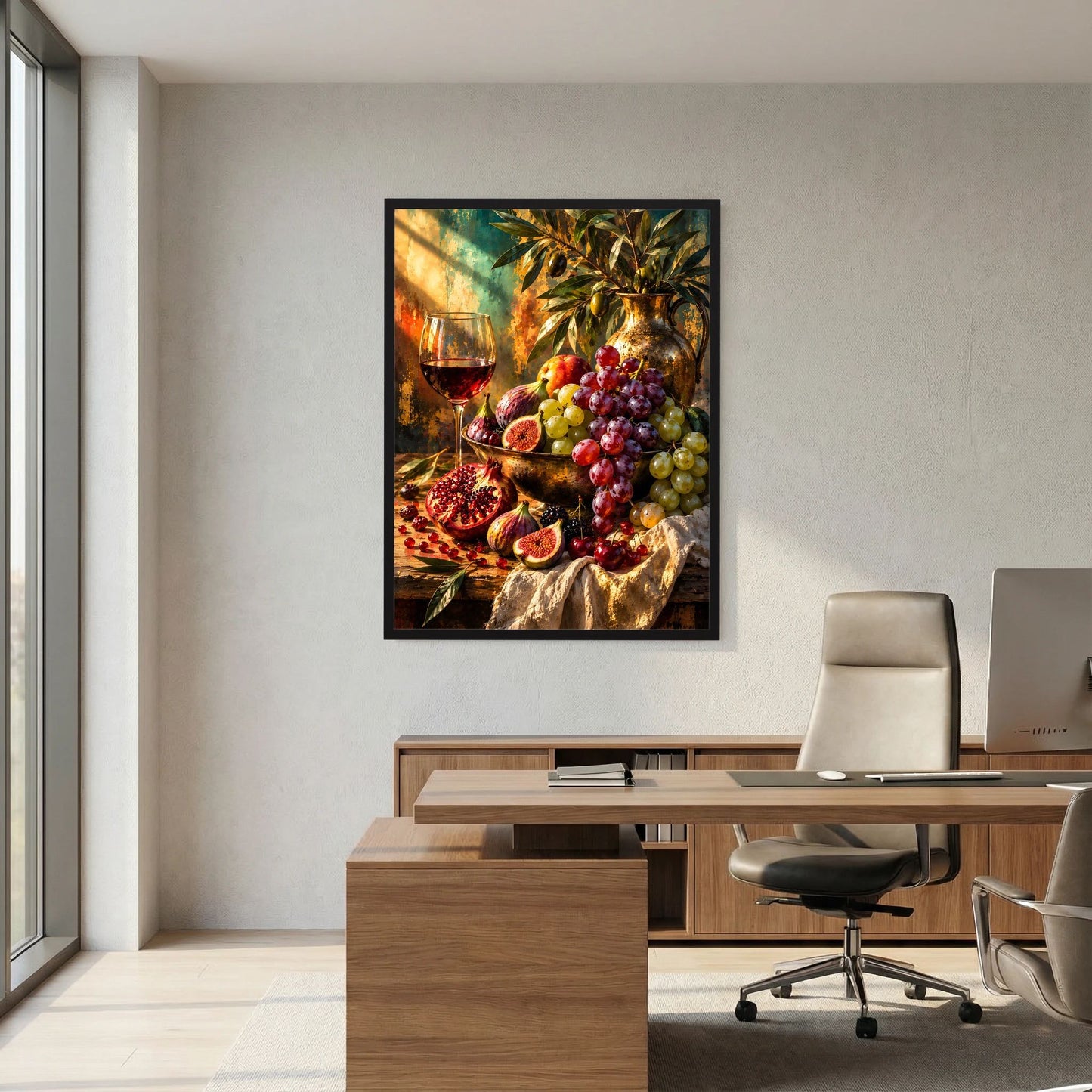 Wandposter mit Stillleben-Motiv: Wein im Glas, Trauben, Feigen und Granatapfel