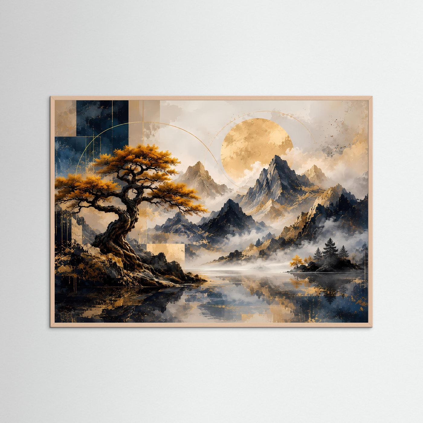Poster im Querformat mit roséfarbenem Holzrahmen: goldener Baum, blaue Berge, Mond