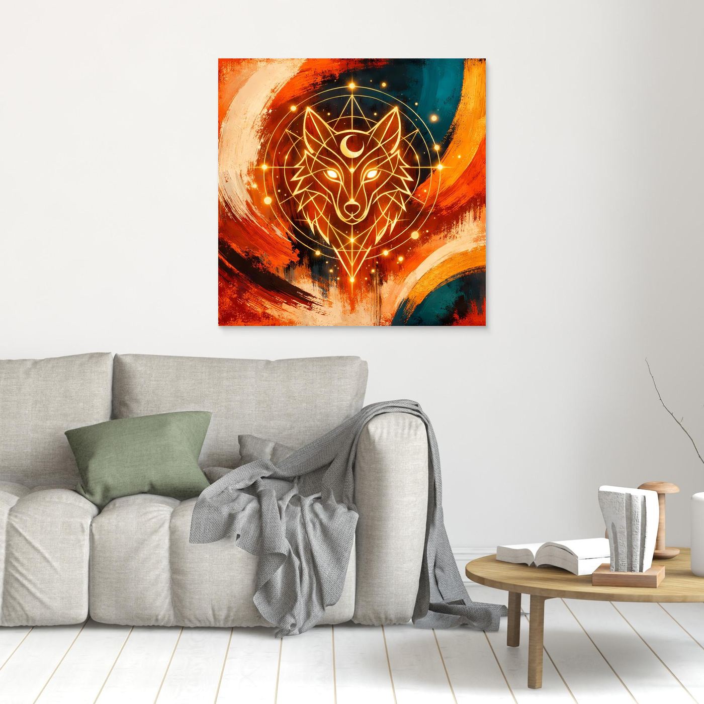 Gerahmtes Leinwandbild mit geometrischem Wolf in Orange/Blau und goldenen Lichtlinien, Holzrahmen