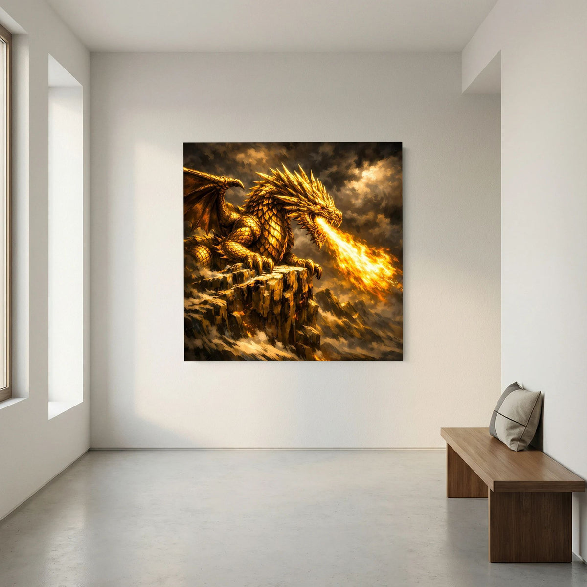 Fantasy-Wandbild: goldener Drache auf steinigem Felsvorsprung, Flammen, quadratischer Rahmen