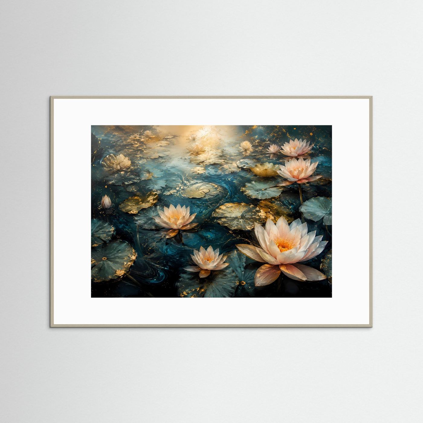 Seerosen Poster | Lotusblüten Wandbild | Eleganter Seerosenteich | Gold Blau Kunst | Premium Leinwandbild