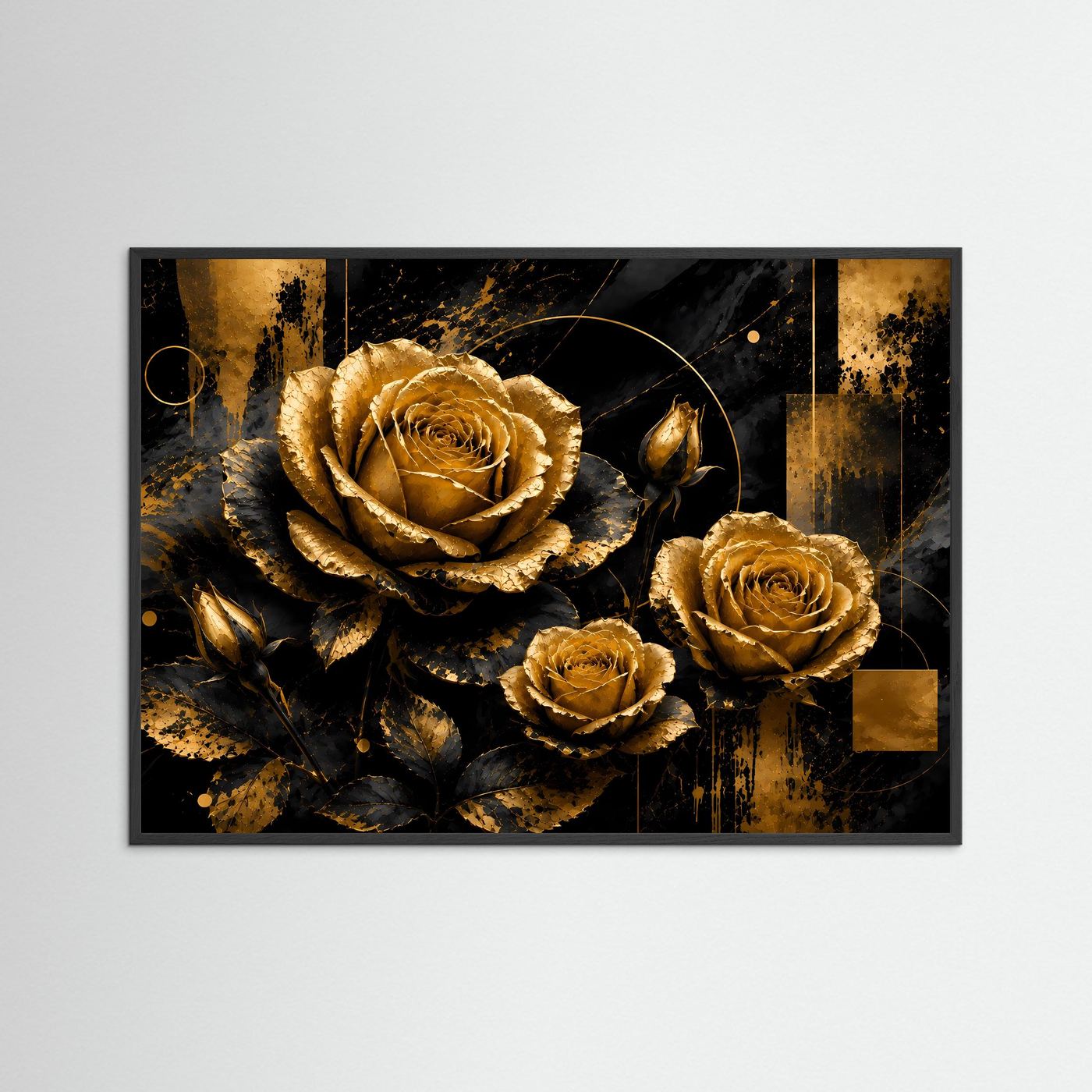 Gerahmtes Poster mit goldenen Rosen auf schwarzem Hintergrund, schwarzer Rahmen, ohne weißen Rand