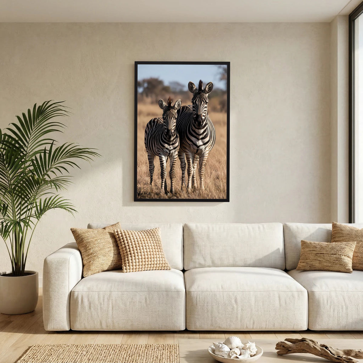 Poster: Zebra-Mutter mit Jungtier, schwarzer Rahmen im Hochformat