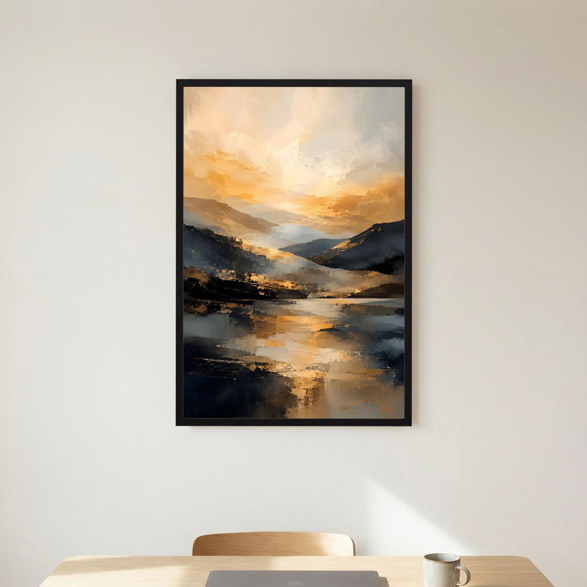 Kunstposter im schwarzen Rahmen, abstraktes Landschaftsbild mit goldenen Sonnenstrahlen und See, hochformat