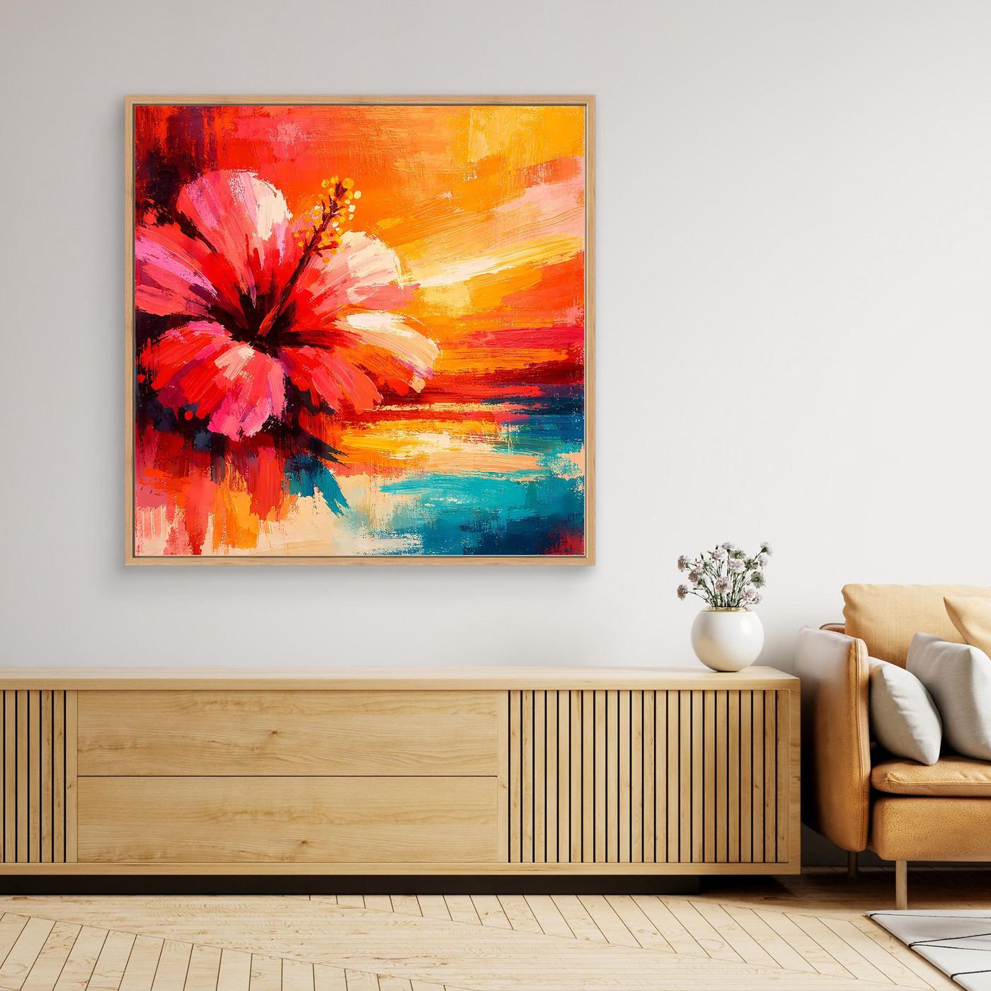 Leinwand Abstraktes Hibiskusblütenbild am Meer | Modernes Küsten Wandbild Bunt