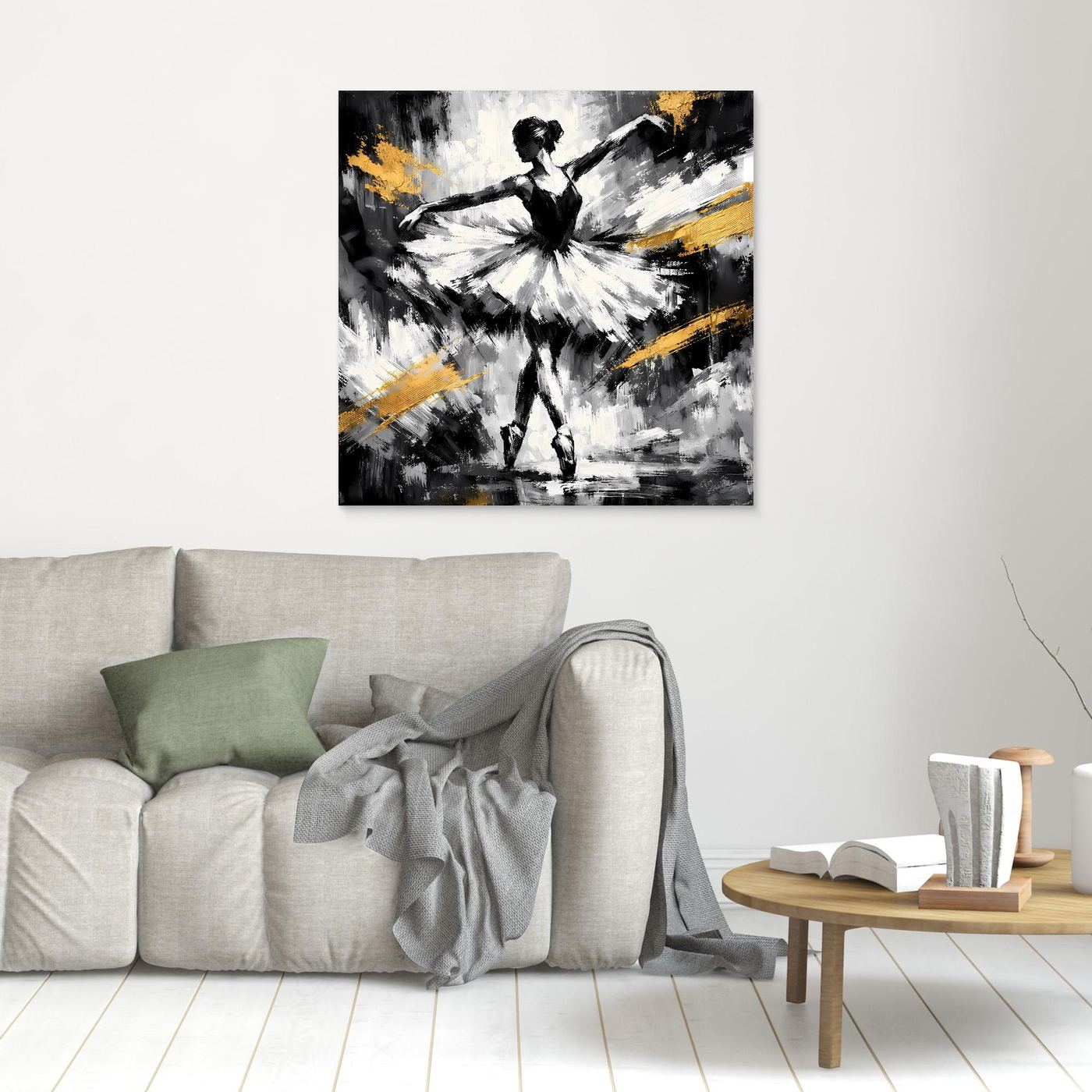 Kleines gerahmtes Leinwandbild mit abstrakter Ballerina in Schwarzweiß und goldenen Akzenten