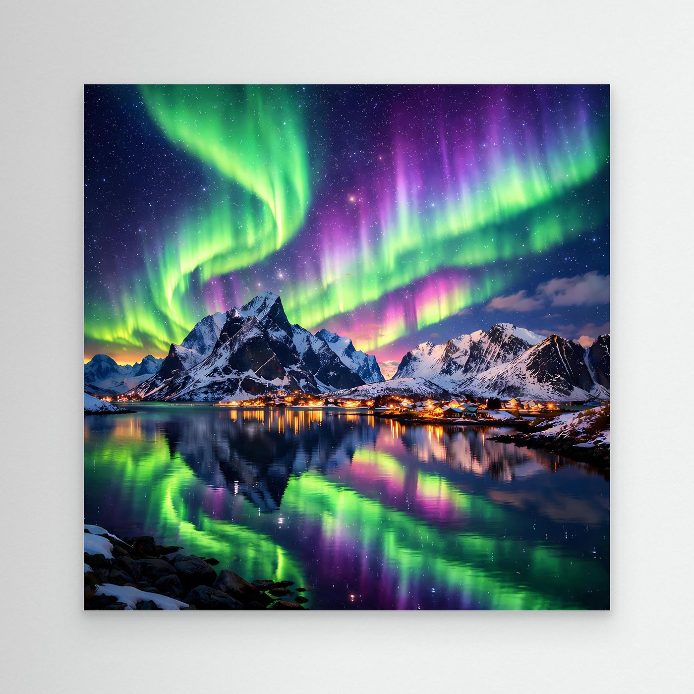 Leinwandbild mit Polarlichtern über Berglandschaft und spiegelnder See
