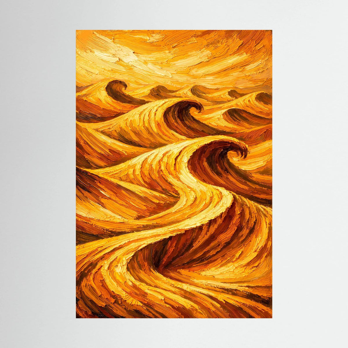 Abstraktes Wandposter im Close-up: goldene und orange Wirbelwellen, ohne Rahmen.