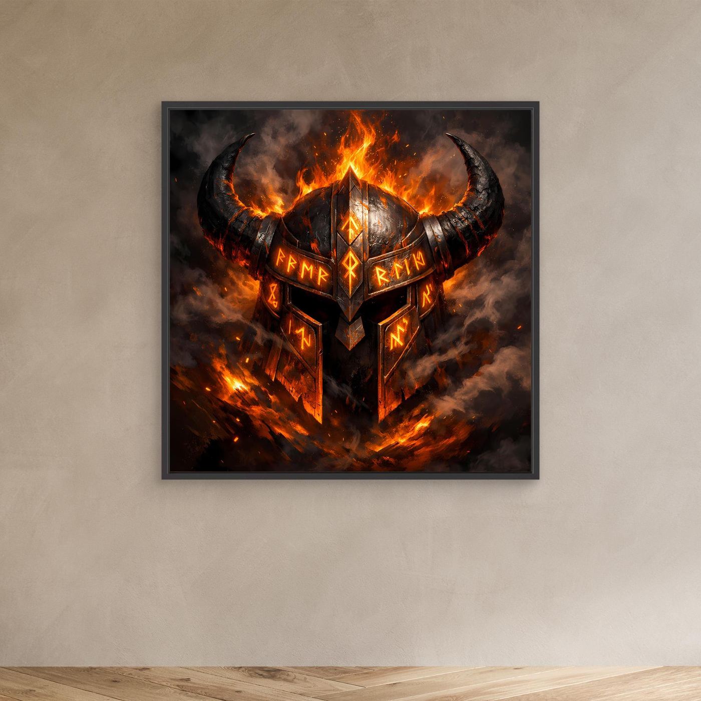 Leinwand-Wandbild mit flammendem Wikingerhelm und Runen, schwarzer Rahmen