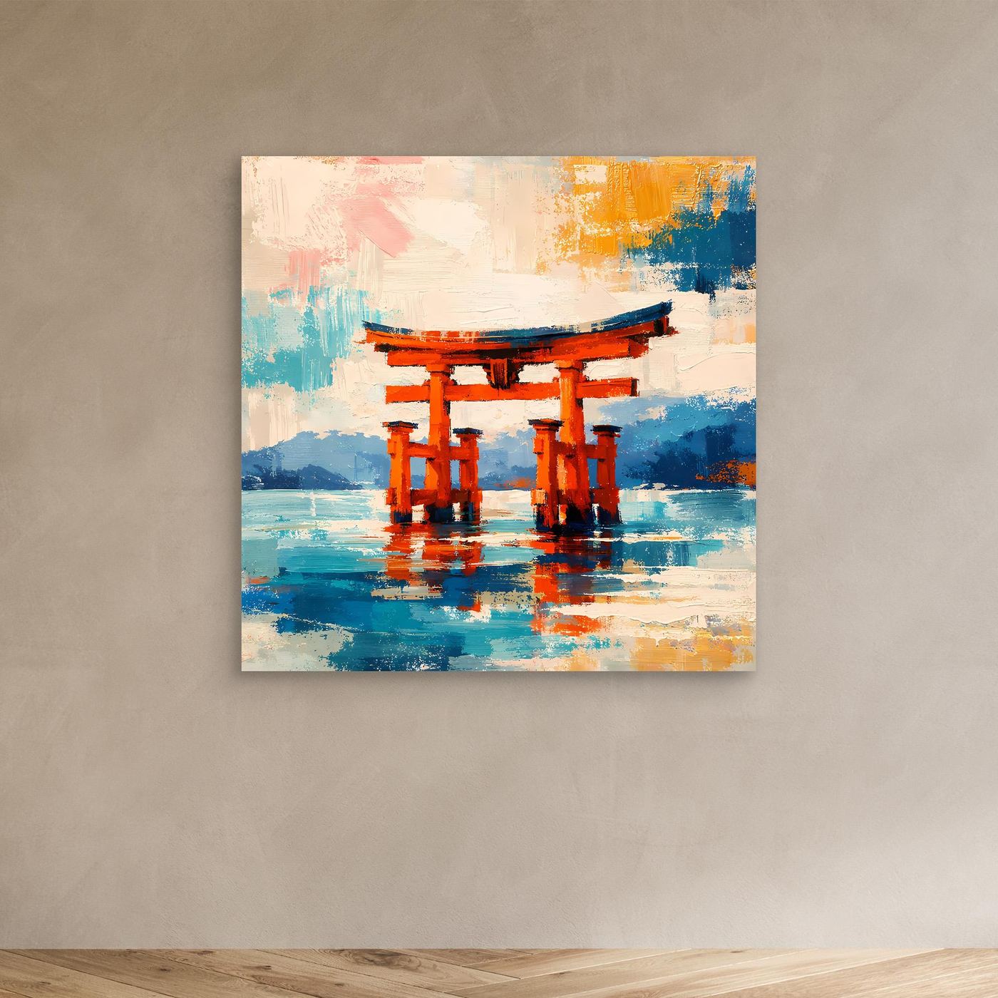 Leinwandbild Japanisches Torii-Tor im Meer | Abstraktes Kultur Wandbild auf echtem Holzkeilrahmen