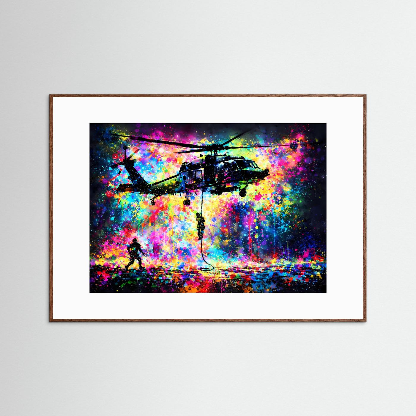 Actionposter mit Hubschrauber im Pop-Art Splash, brauner Holzrahmen mit weißem Rand