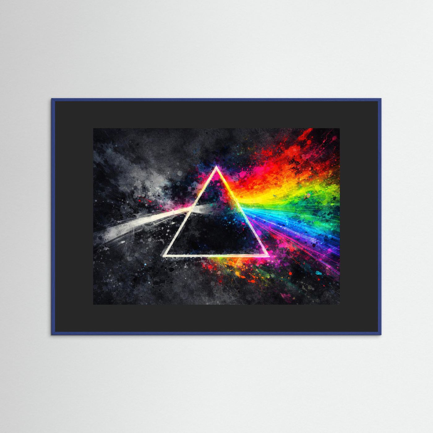 Poster mit Dreiecksprisma, Regenbogenlicht und Sternstaub, blau gerahmt
