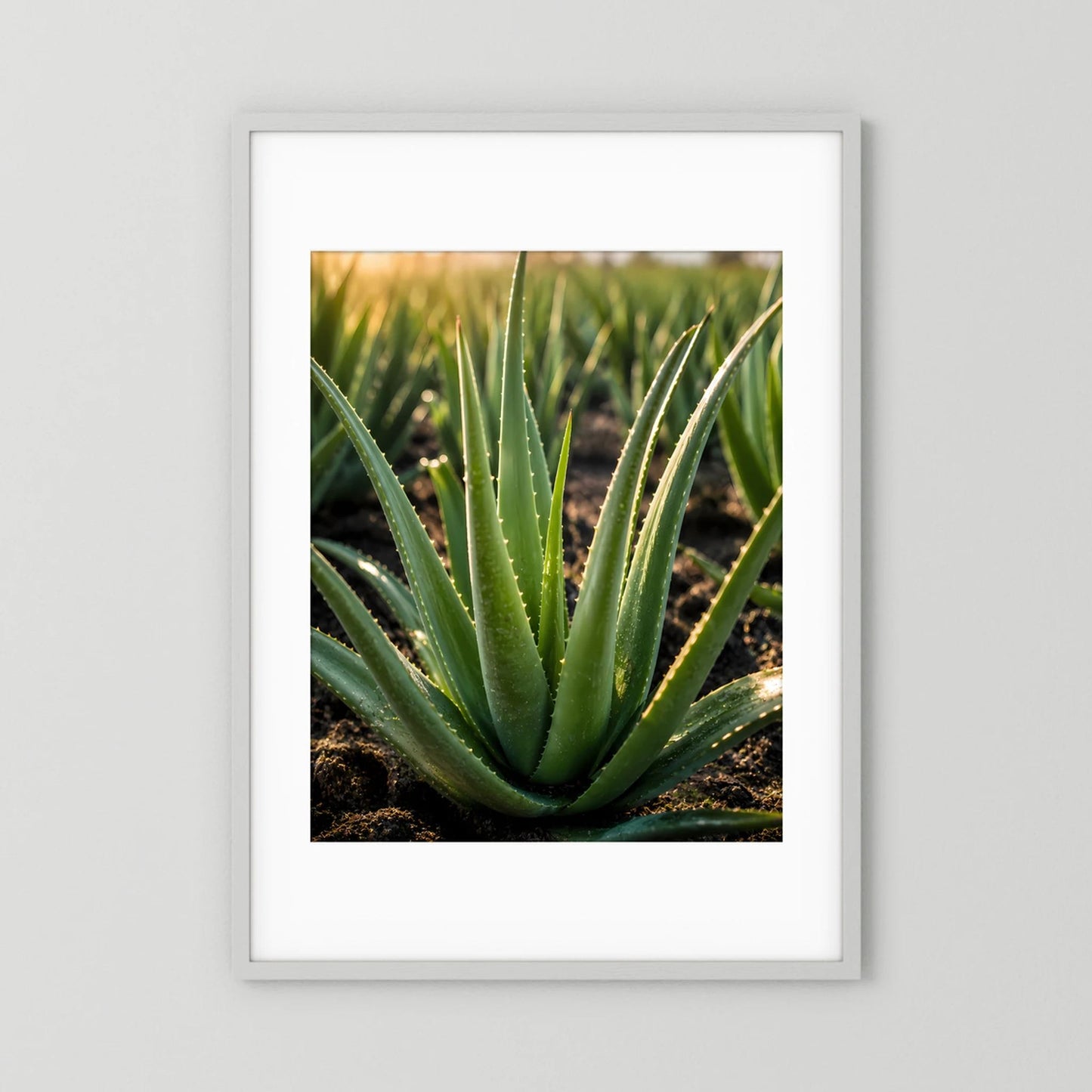 Poster mit Aloe-Vera-Zierpflanze im weißen Rahmen mit weißem Rand, Hochformat.
