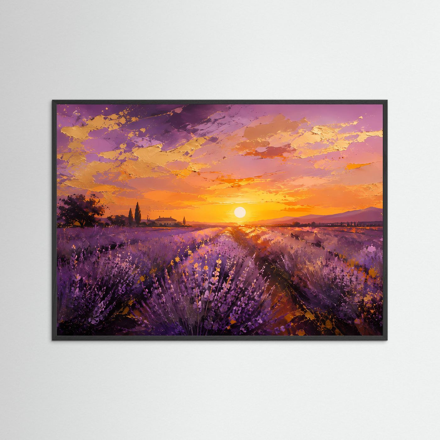 Poster mit abstraktem Lavendelfeld und Sonnenuntergang, schwarzer Rahmen