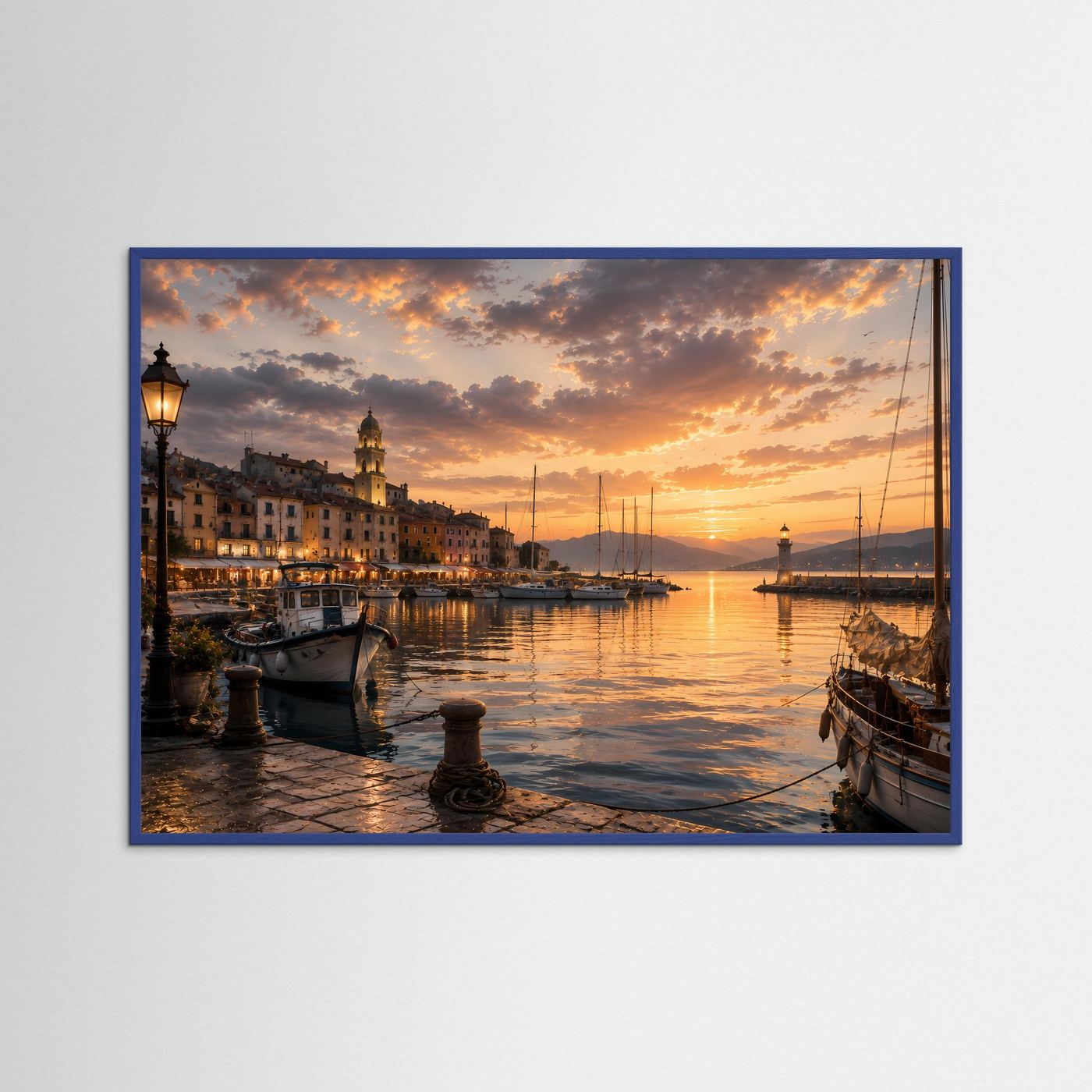 Querformat-Poster mit Hafenmotiv bei Sonnenuntergang im blauen Rahmen
