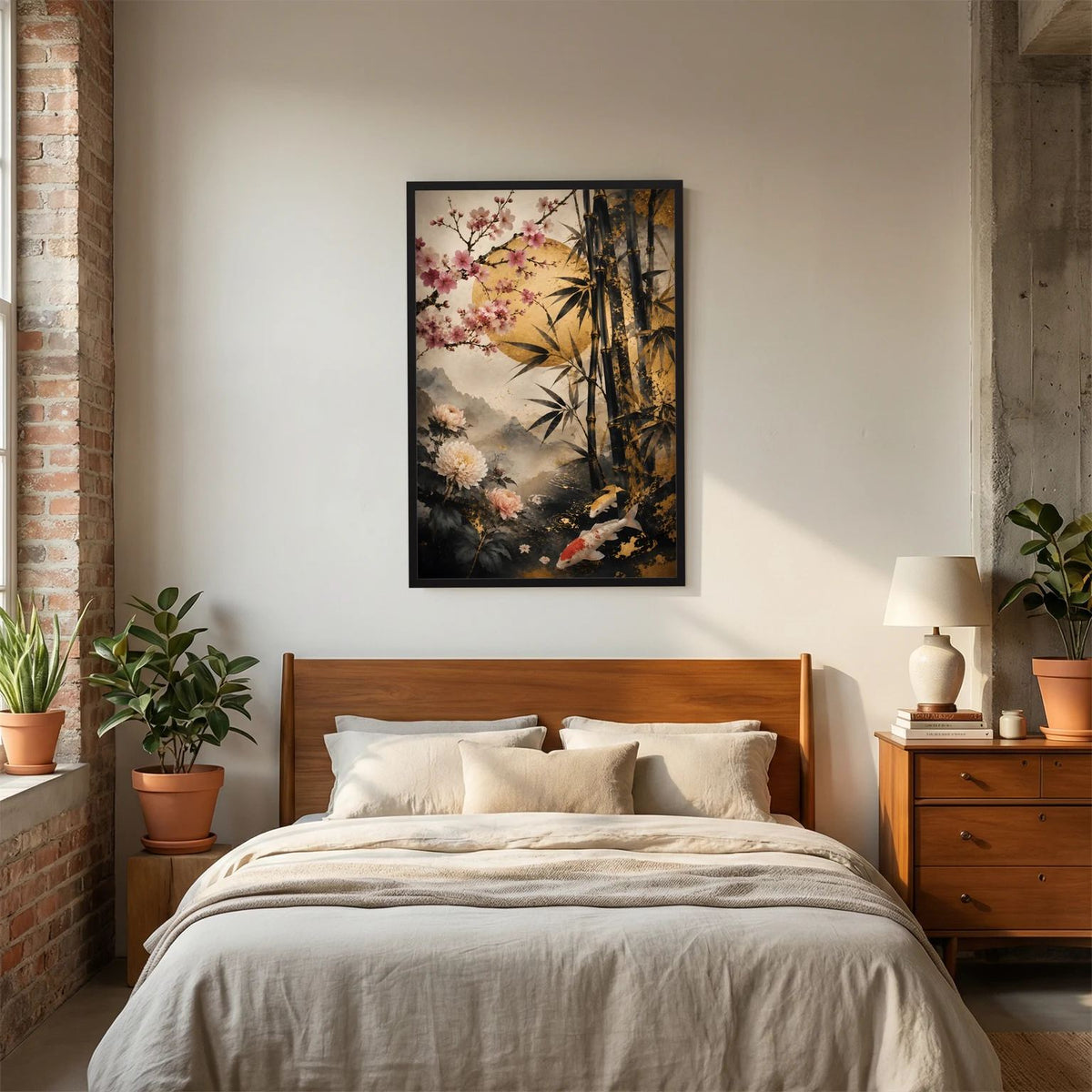 Japanposter Hochformat mit Koi, Kirschblüten und Bambus im Schwarz-Gold-Look, schwarz gerahmt