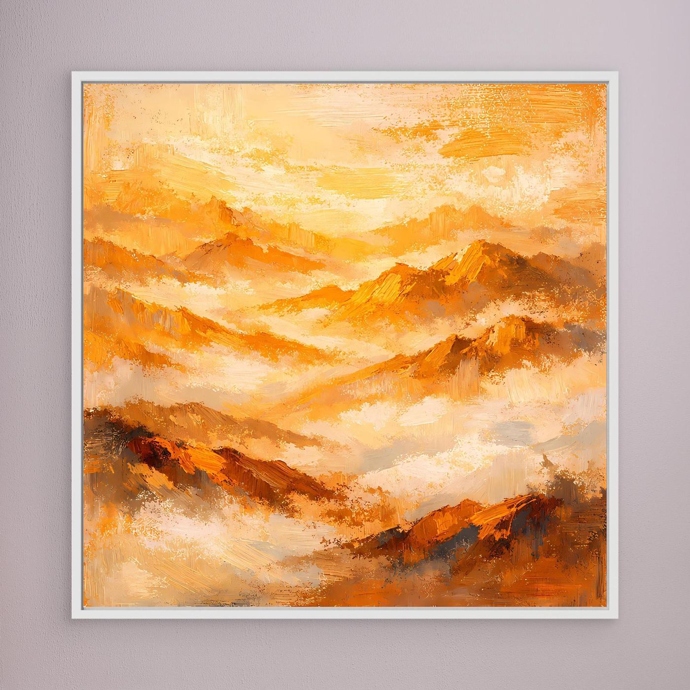 Wandbild auf Leinwand mit abstraktem Gebirgsdesign in Orange-Gold, weiß gerahmt