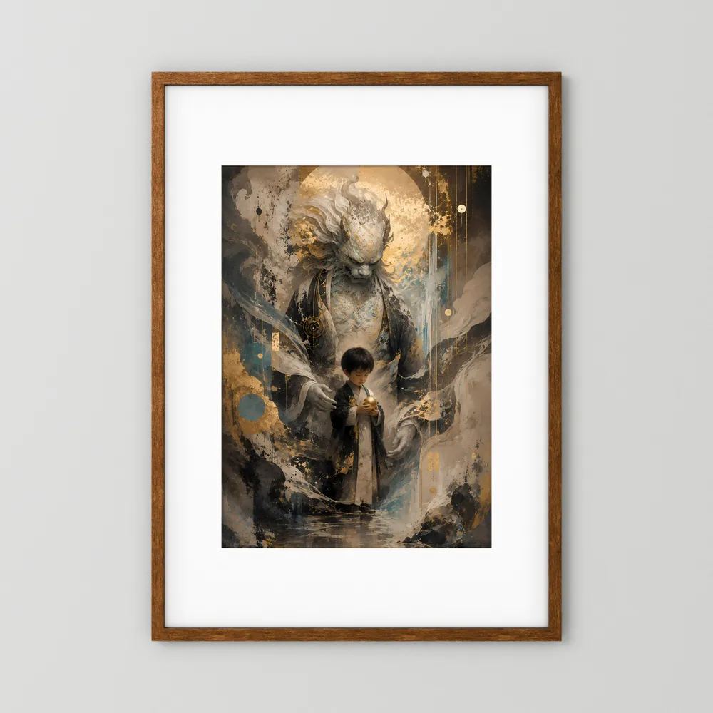 Hochformat-Poster mit mystischem Wächterwesen und Kind, abstrakte Gold-Schwarz-Creme