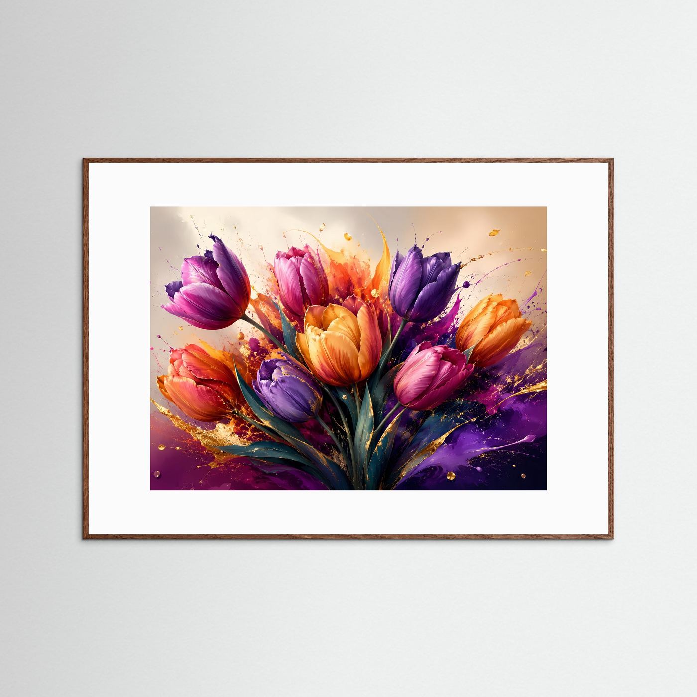 Tulpen Poster | Bunte Blumen Wandkunst | Moderne Abstrakte Tulpen mit Gold | Elegantes Florales Wandbild