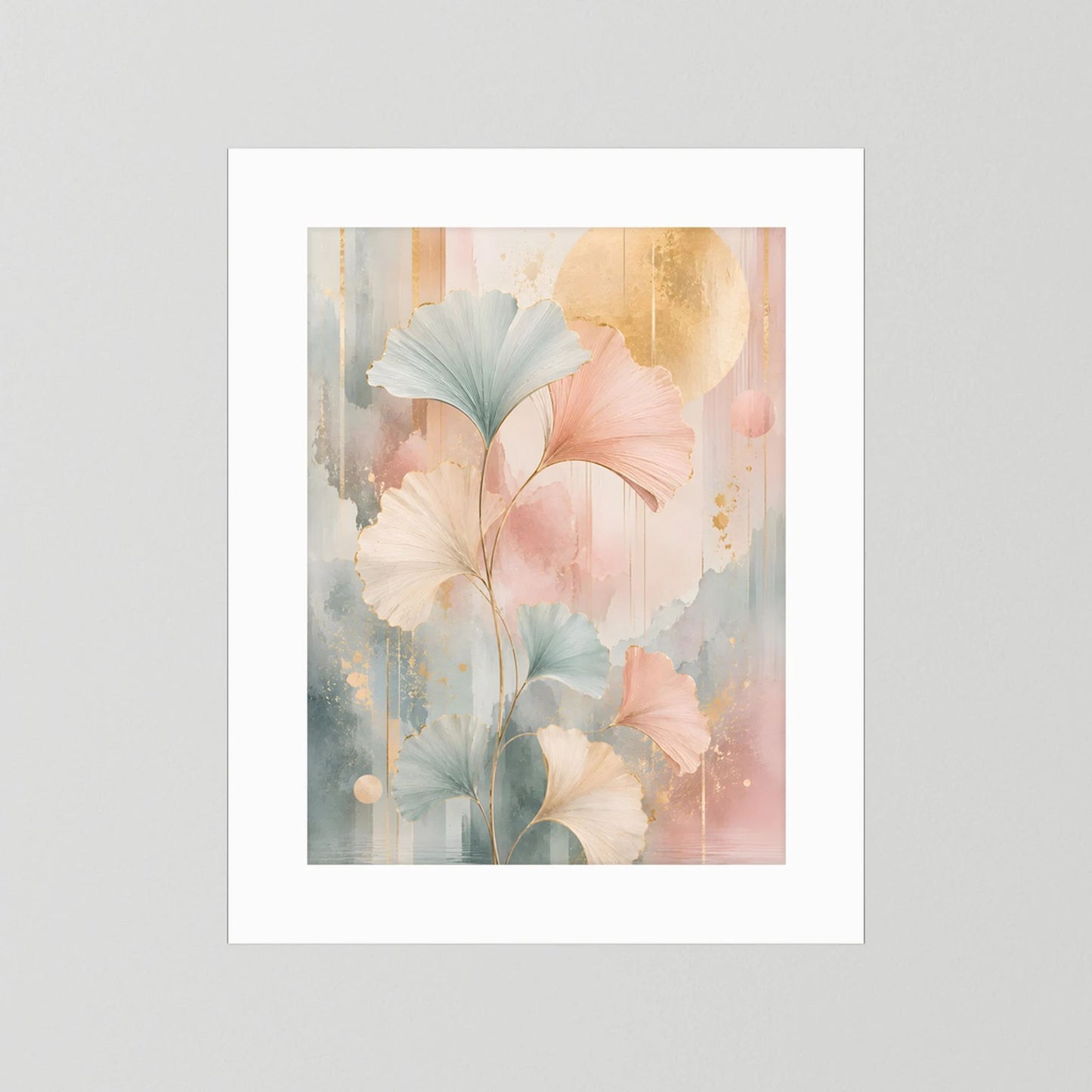 Kunstposter im Hochformat mit Blättern in Pastelltönen, Rosa, Salbeigrün und Gold, weißer Rand