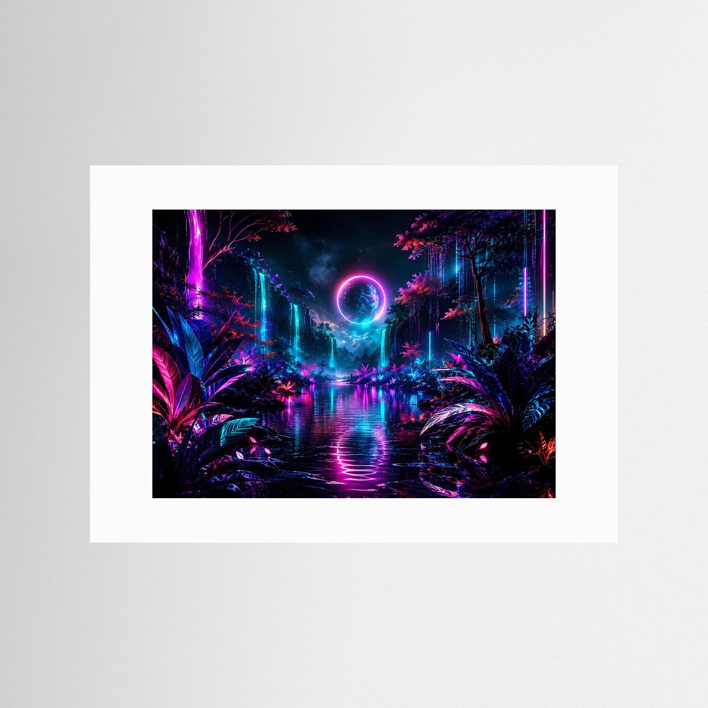 Neon Fantasy Landschaft Poster | Leuchtender Wasserfall Wandkunst | Futuristische Natur | Cyberpunk Landschaft in Pink & Blau