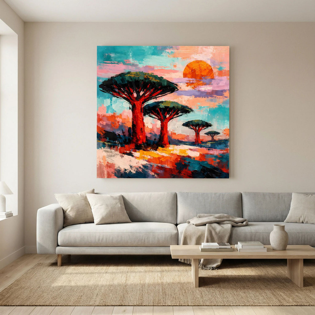 Wandbild über Sofa: Akazienbäume in Schwarzrot, orangefarbene Sonne, lebendige türkis-rosa Flächen