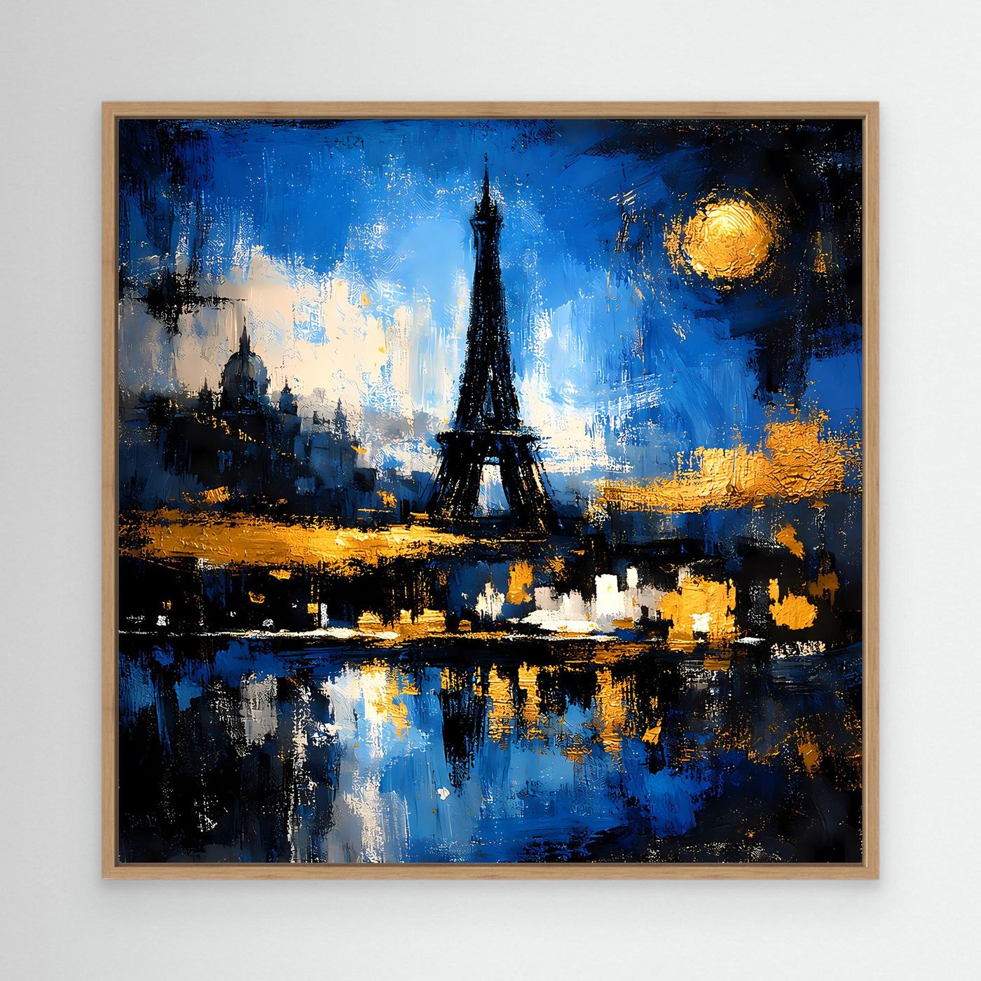 Abstraktes Wandbild mit Eichenrahmen: Eiffelturm bei Nacht, gelber Mond, blaue Spiegelung