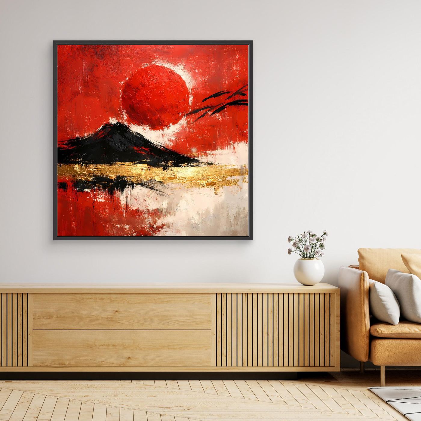 Leinwand Abstraktes Japan Wandbild in Rot und Gold | Modernes Fuji & Rote Sonne Gemälde