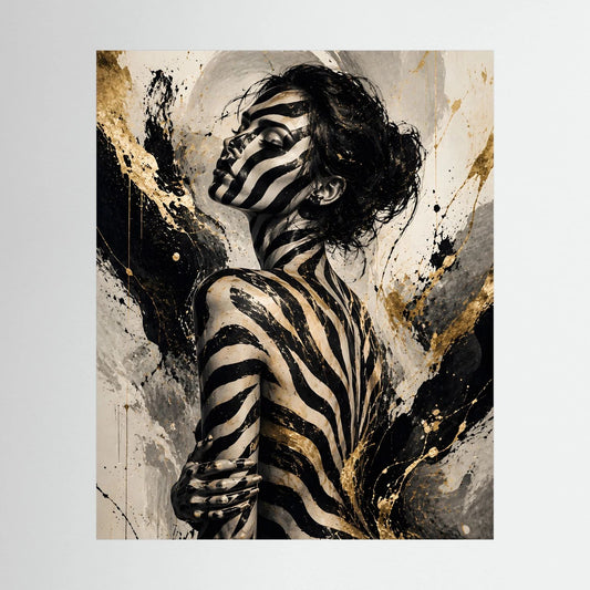 Hochformat-Poster mit Frau im Zebra-Bodypainting und schwarzen Goldspritzern