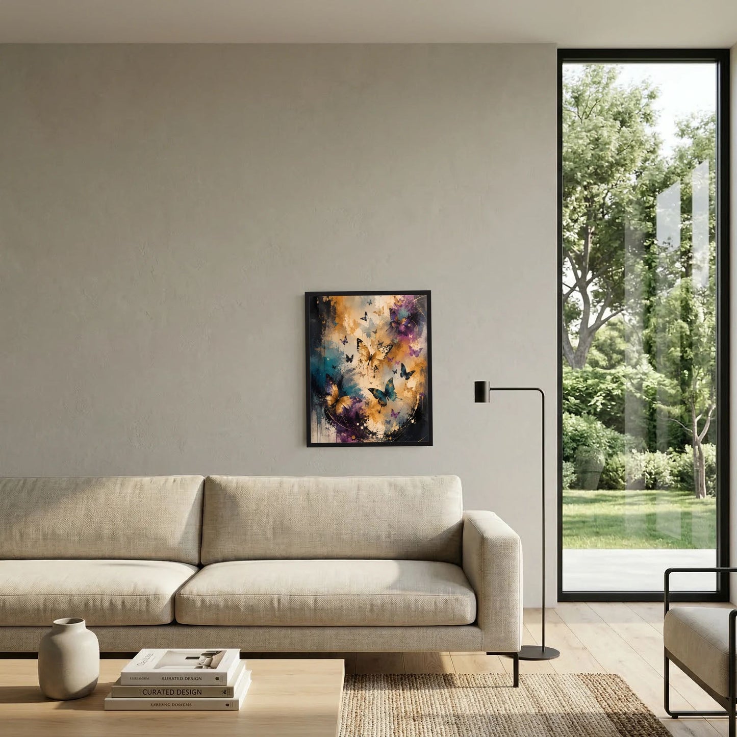 Gerahmtes Hochformat-Poster mit bunten Schmetterlingen in Violett und Türkis an der Wand