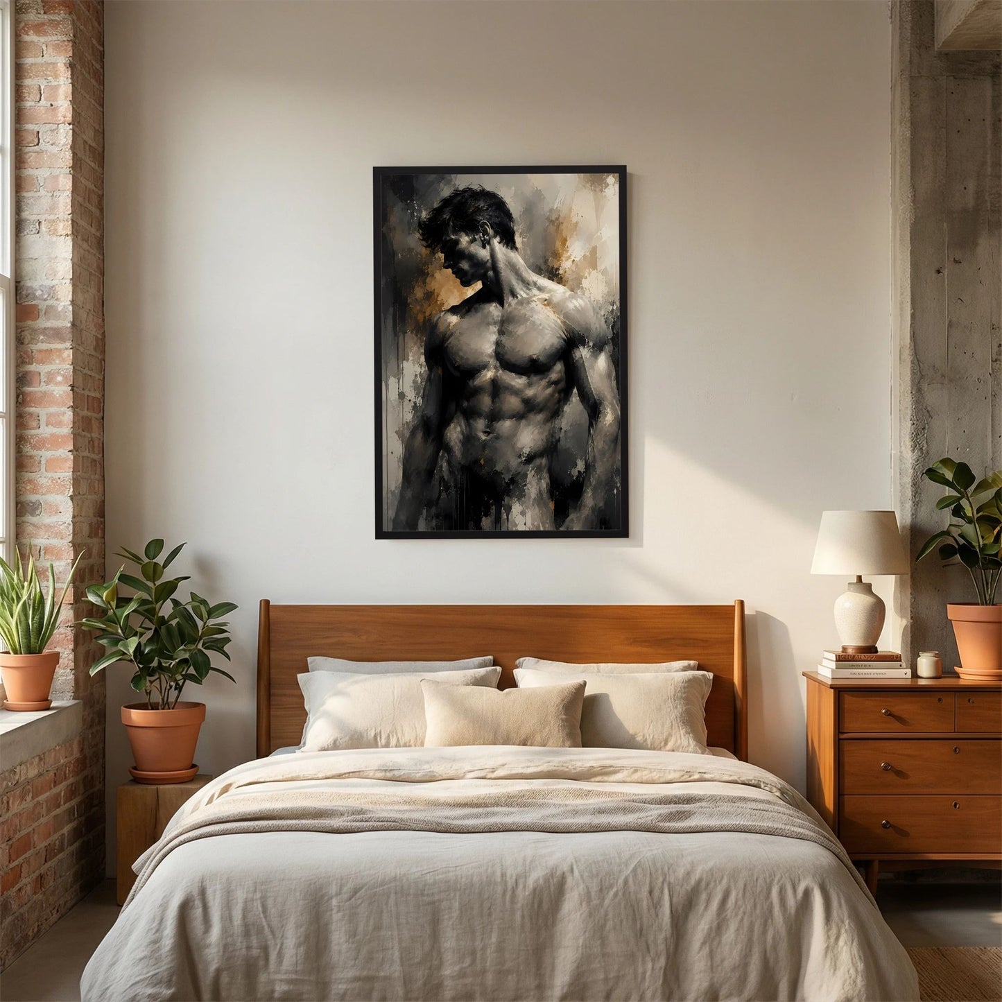 Kunstposter mit abstraktem Männerakt in Schwarz und Gold, schwarzer Rahmen