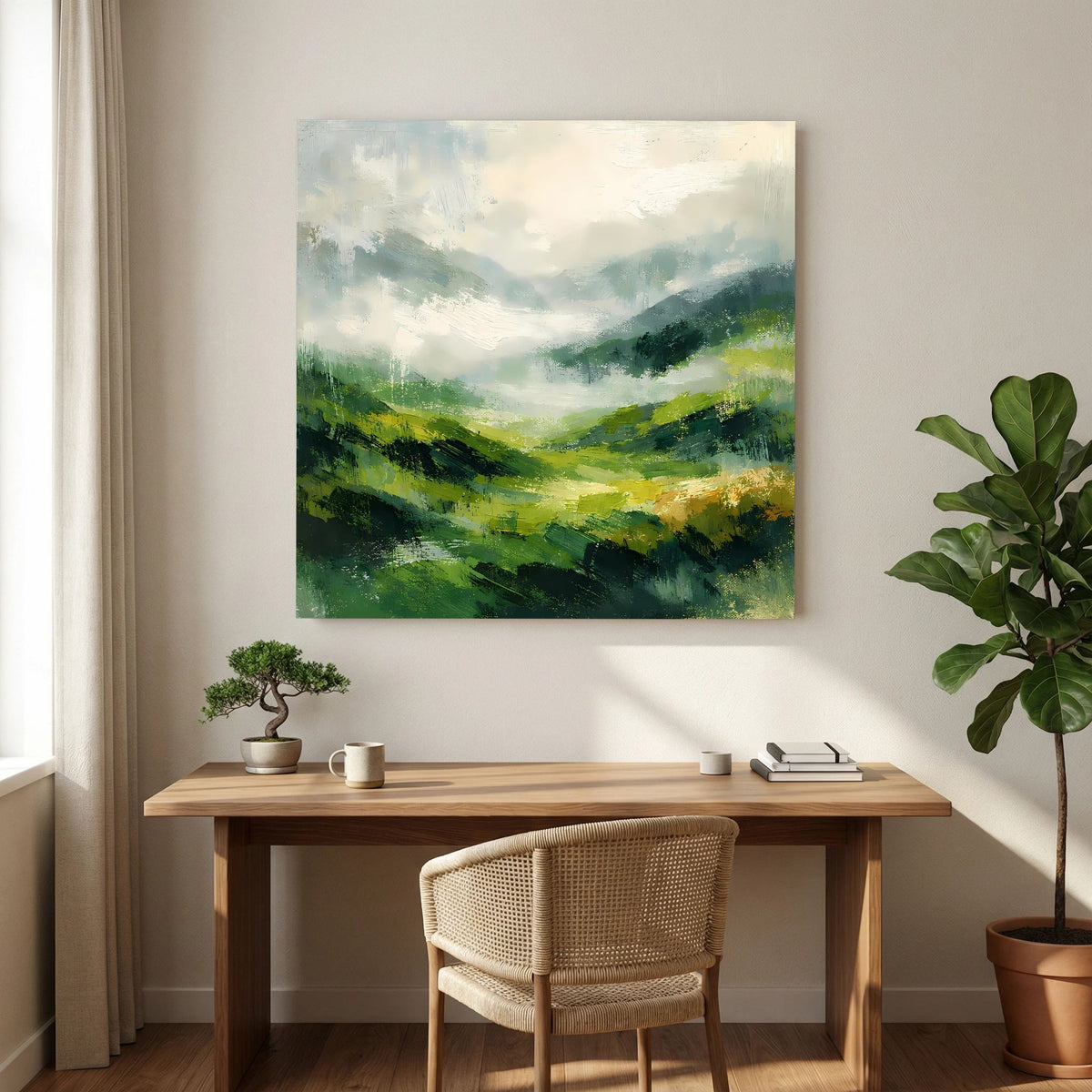 Leinwand Abstraktes Hügellandschaft Gemälde | Modernes Grünes Tal Wandbild Natur