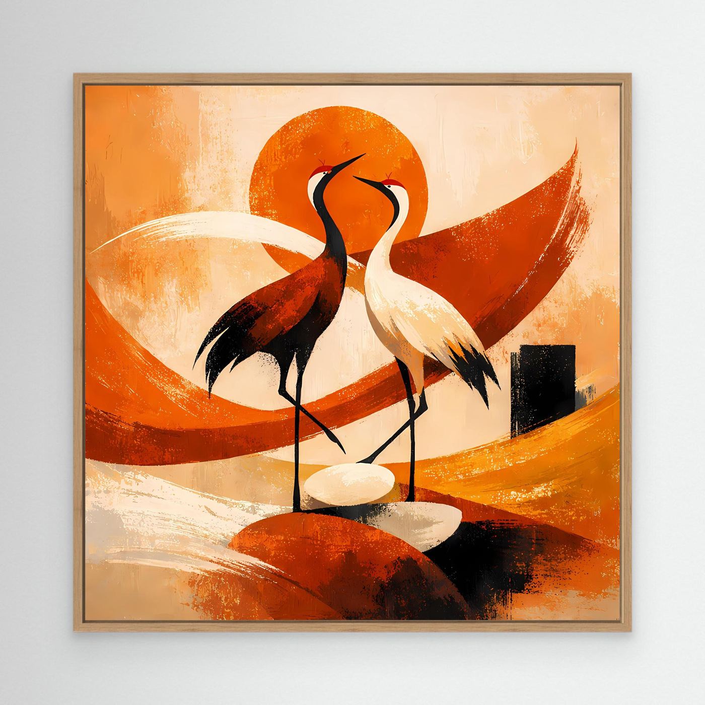 Gerahmtes Leinwand-Wandbild mit zwei Kranichen und orangefarbener Sonne, abstraktes Rot-Orange.