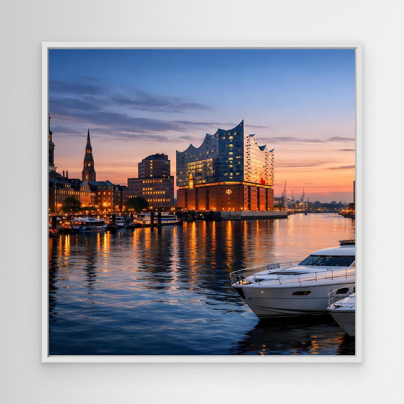 Leinwand-Wandbild mit Skyline am Wasser bei Dämmerung, beleuchtete Gebäude und Boot, weißer Rahmen