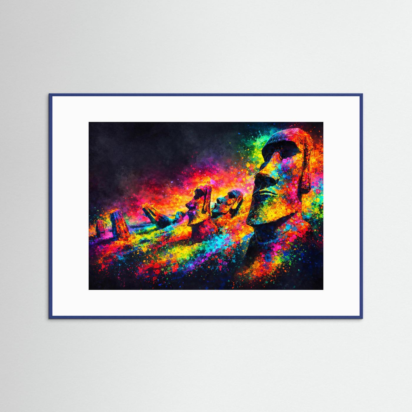 Farbenprächtige Moai Statuen Reihe | Neon Pop Art & Osterinsel Wandbild Querformat