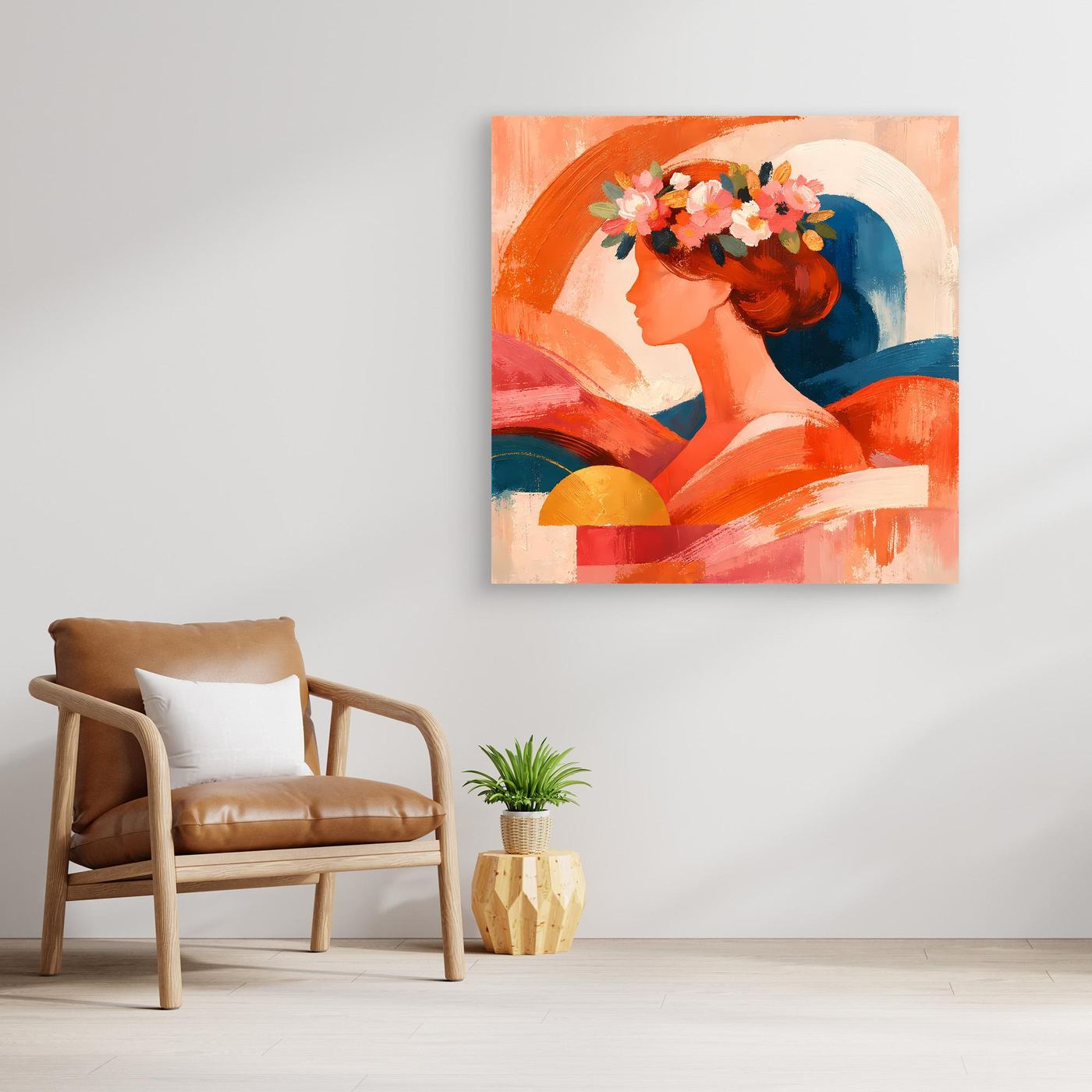 Leinwandbild mit Profil-Porträt einer Frau, Blumenkranz und pastelligem Farbauftrag