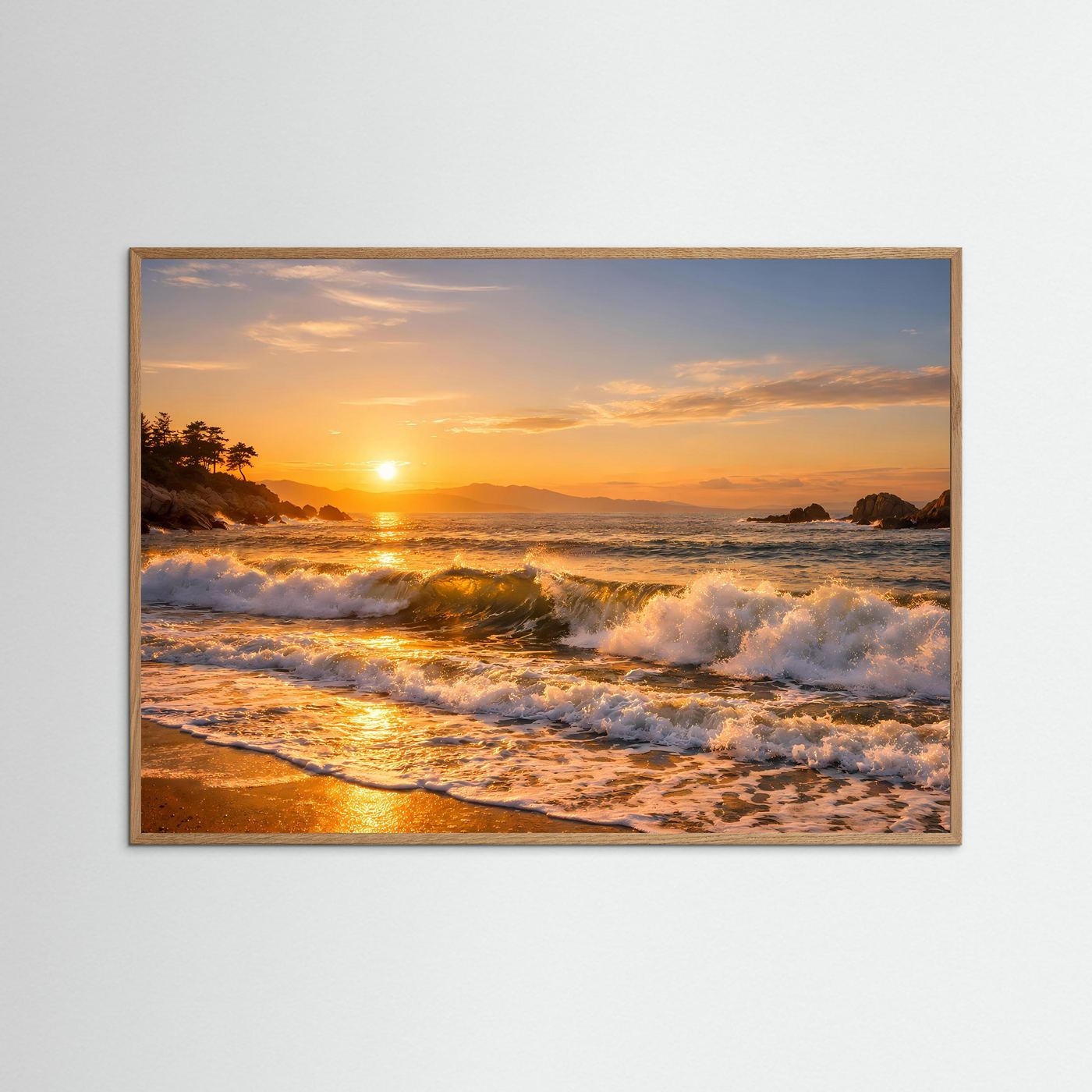 Goldener Sonnenuntergang an der Küste | Panorama Wellen & Strand Poster Querformat